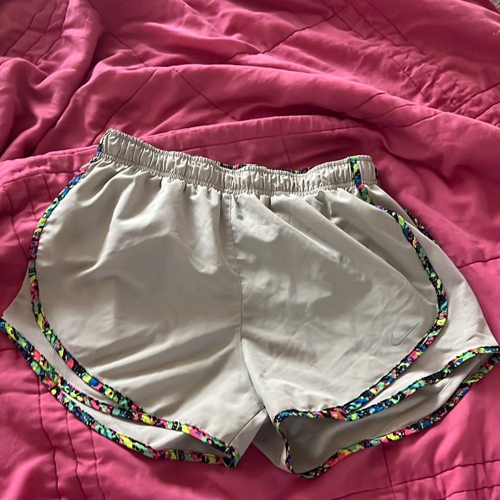 Like new Nike Dri fit running shorts size Medium light grey with neon edging